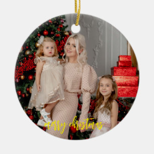 Modern Script Family Photo Christmas  Ceramic Ornament