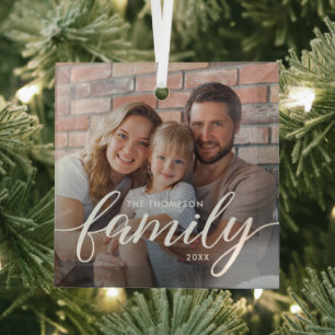 Modern Script Family Photo Christmas Personalized Glass Tree Decoration