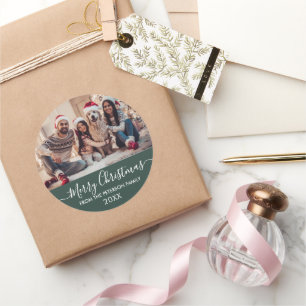 Modern Script Family Photo Green Merry Christmas Classic Round Sticker