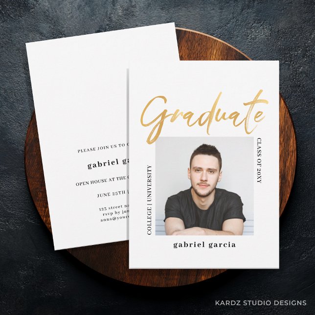 Modern Script Faux Gold Graduation Party Invitation (Front and back side of the card shown in a 5x7 in. with Faux Gold on Graduate typography.)