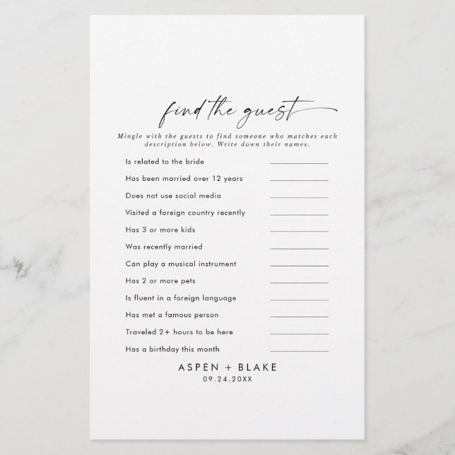 Modern Script Find the Guest Wedding Game Card (Front)