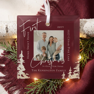 Modern Script First Christmas in New Home Photo Glass Tree Decoration