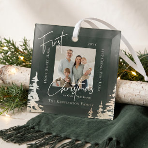 Modern Script First Christmas in New Home Photo Glass Tree Decoration