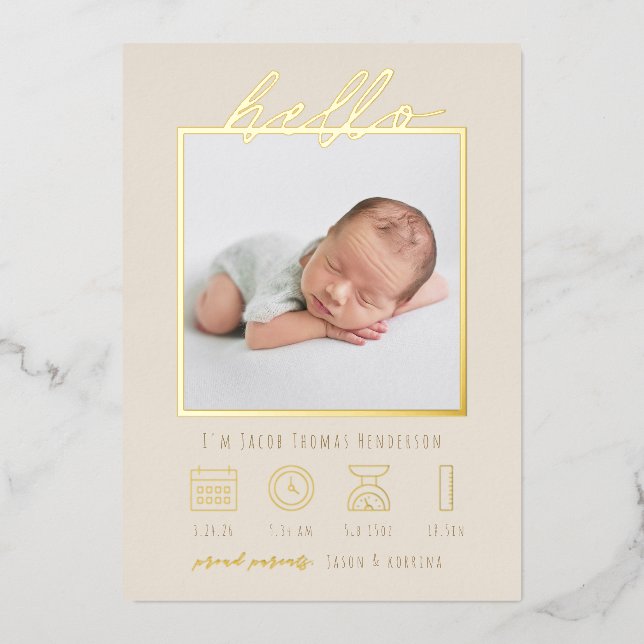 Modern Script  Foil Hello Baby Birth Announcement (Front)