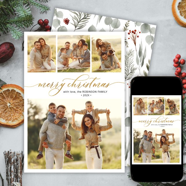 Modern Script Foliage 4 Multi Photo Christmas  Holiday Card (Creator Uploaded)