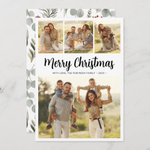 Modern Script Foliage 4 Multi Photo Christmas Holiday Card