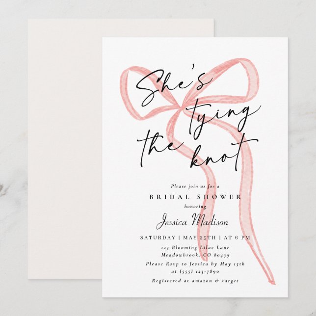 Modern Script Font Big Pink Bow Bridal Shower  Invitation (Front/Back)