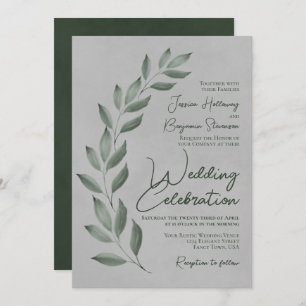 Modern Script Forest Green Leaves on Grey Wedding Invitation