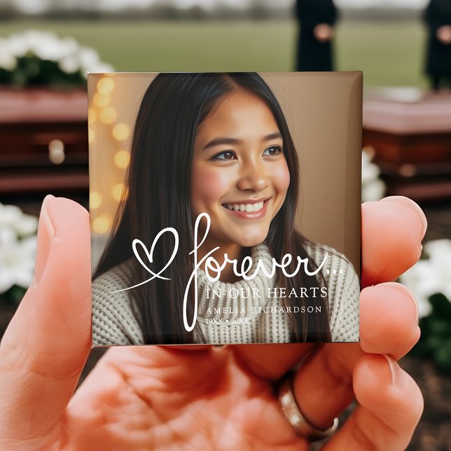 Modern Script Forever In Our Hearts Photo Memorial Magnet (Creator Uploaded)