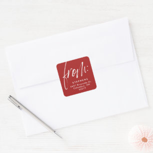 Modern script from red white return address square sticker