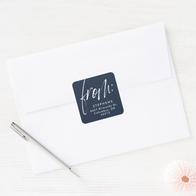 Modern script from simple navy return address square sticker (Envelope)