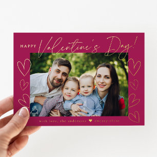 Modern Script Fuchsia Valentine's Day Photo Foil Holiday Card