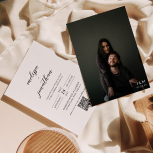 Modern Script Full Photo Monogram QR code Wedding Invitation