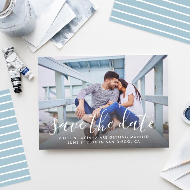 Modern Script Full Photo Wedding Blue Back Save The Date (Creator Uploaded)