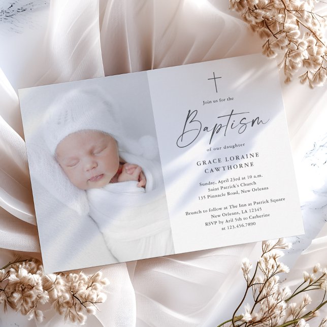 Modern Script Gender Neutral Photo Baptism Invitation (Modern script elegant gender neutral photo baptism invitation.)