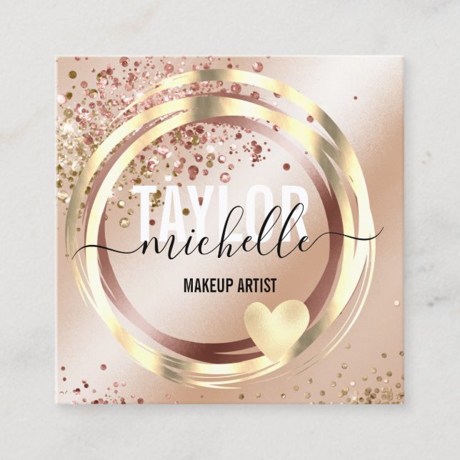 modern script girly trendy glitter gold square bus business card (Front)