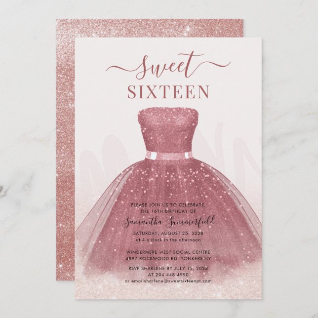 Modern Script Glitter Sweet 16 Rose Gold Invitation (Front/Back)