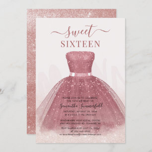 Modern Script Glitter Sweet 16 Rose Gold Invitation