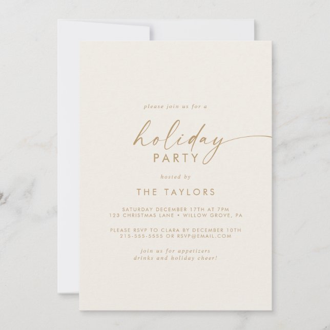 Modern Script | Gold and Cream Holiday Party Invitation (Front)
