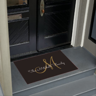 Modern Script Gold Black Monogram Family Name  Doormat