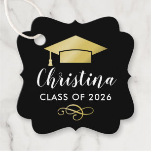 Modern Script Gold Cap Black Class of 2026 Favour Tags