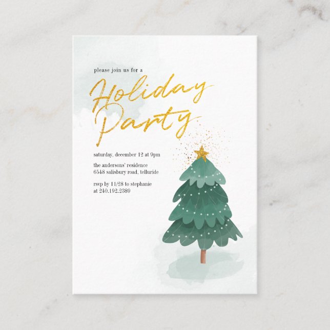 Modern Script Gold Christmas Tree Holiday Party Business Card (Front)