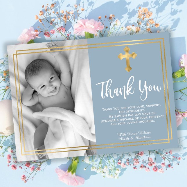 Modern Script Gold Cross Dusty Blue Baptism  Thank You Card (Creator Uploaded)