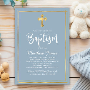 Modern Script Gold Cross Dusty Blue Boy Baptism Invitation