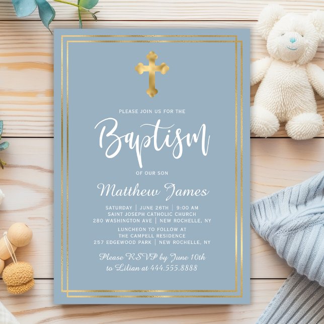 Modern Script Gold Cross Dusty Blue Boy Baptism Invitation (Creator Uploaded)