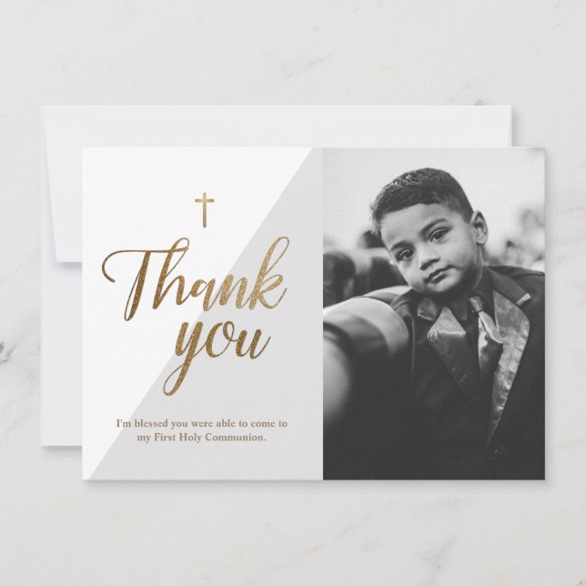 Modern Script Gold Cross Grey Boy First Communion Thank You Card (Front)