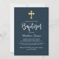 Modern Script Gold Cross Navy Blue Boy Baptism