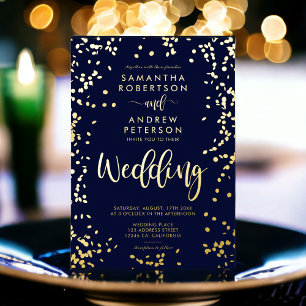 Modern script gold foil confetti navy blue wedding
