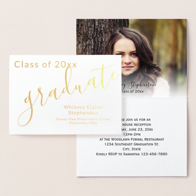 Modern Script Gold Foil Photo Graduation Card (Display)