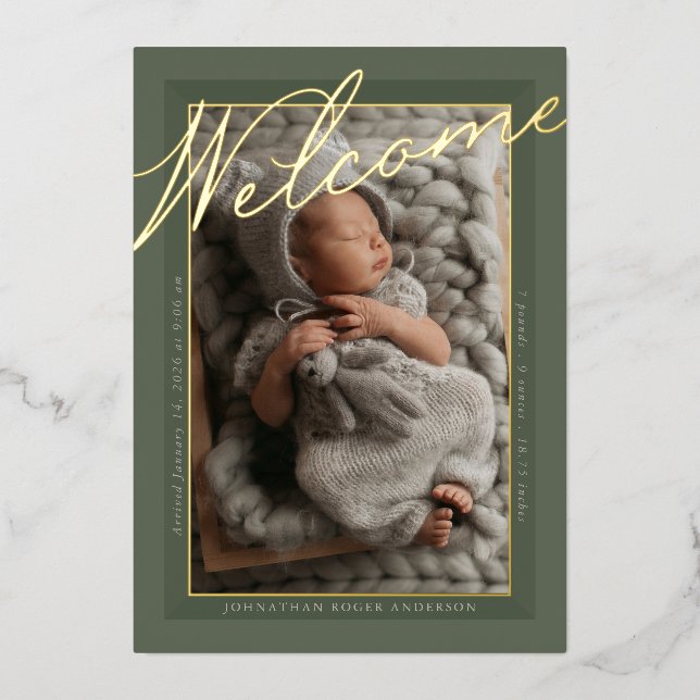 Modern Script Gold Foil Welcome Birth Announcement (Front)