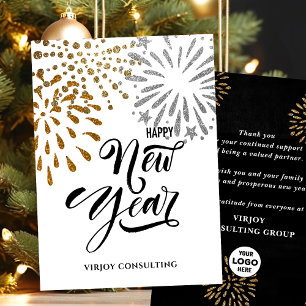 Modern Script Gold Glitter Fireworks Corporate Holiday Card