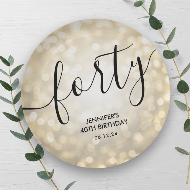 Modern Script Gold Glitter Lights 40th Birthday  Paper Plate (Modern Script Gold Glitter Lights 40th Birthday Paper Plates)