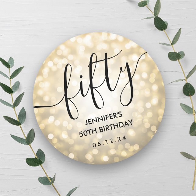 Modern Script Gold Glitter Lights 50th Birthday  Classic Round Sticker (Modern Script Gold Glitter Lights 50th Birthday Classic Round Sticker)