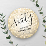 Modern Script Gold Glitter Lights 60th Birthday  Classic Round Sticker<br><div class="desc">Elegant Glam Gold Glitter Lights 60th Birthday Script template featuring glitter lights and modern typography script.</div>