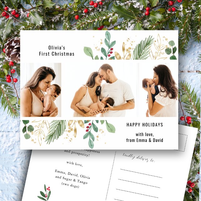 Modern Script Gold Greenery Baby First Christmas Holiday Postcard (Creator Uploaded)