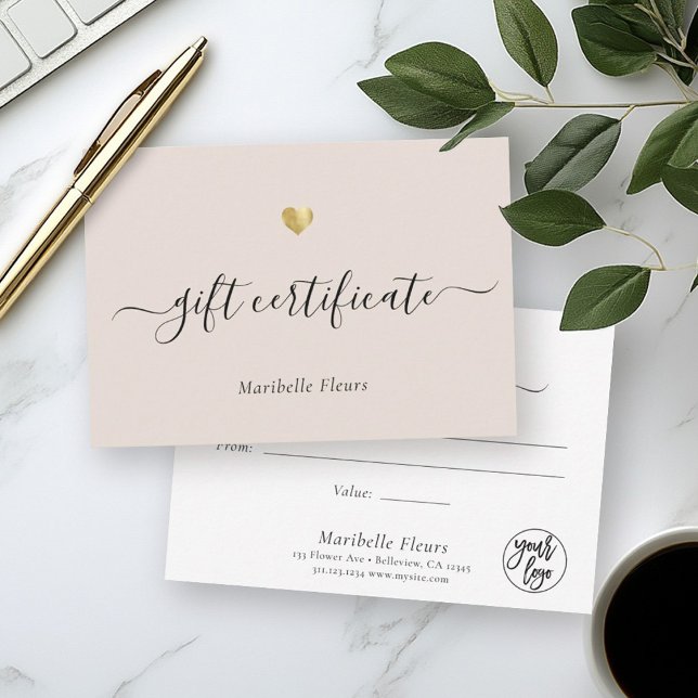 Modern Script Gold Heart Logo Gift Certificate (Creator Uploaded)