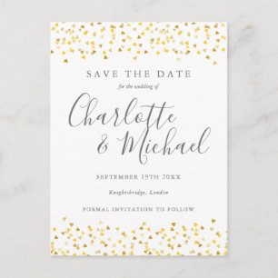Modern Script Gold Hearts Confetti Save the Date Announcement Postcard