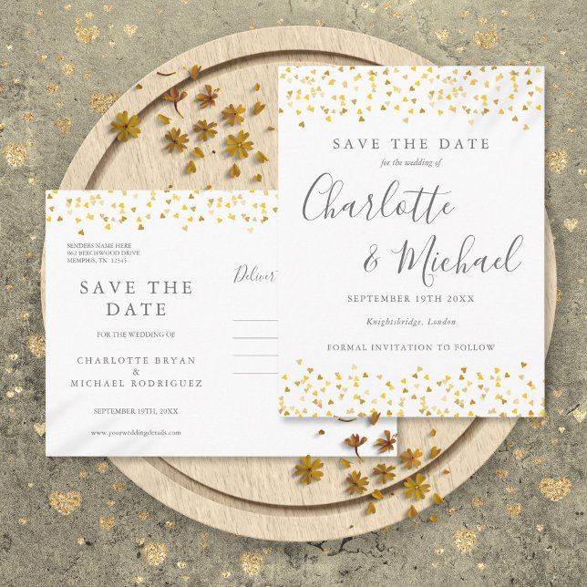 Modern Script Gold Hearts Confetti Save the Date Announcement Postcard (Modern Script Gold Hearts Confetti Save the Date Announcement Postcard)