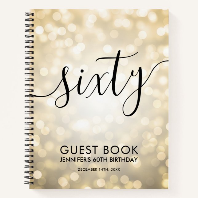 Modern Script Gold Lights 60th Birthday GUEST BOOK (Front)