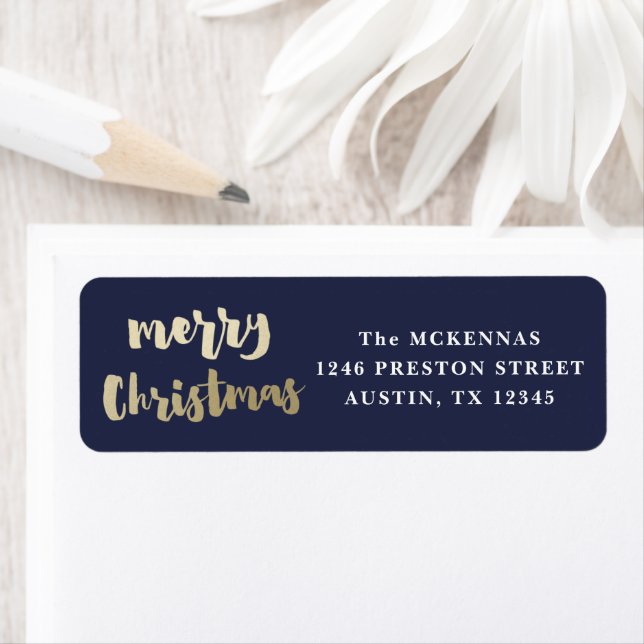 Modern Script Gold Merry Christmas Return Address Label (Insitu)