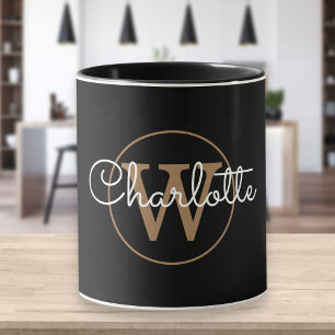 Modern Script Gold Monogram Black Mug