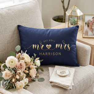 Modern Script Gold Mr and Mrs Newlyweds Gift Decorative Cushion