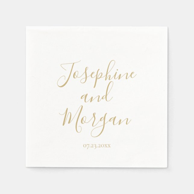 Modern script gold names date elegant wedding napkin (Front)