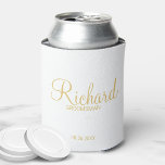 Modern Script Gold Personalised Groomsman Can Cooler<br><div class="desc">Modern Gold Personalised Groomsman Gifts featuring personalised groomsman's name in gold modern script font style with title and wedding date in modern sans serif font style. Also perfect for best man, father of the bride, bridesmaid, maid of honour, mother of the bride and more. Please Note: The foil details are...</div>