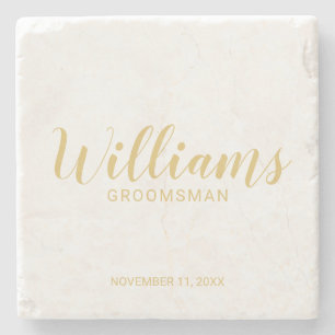 Modern Script Gold Personalised Groomsmen Stone Coaster