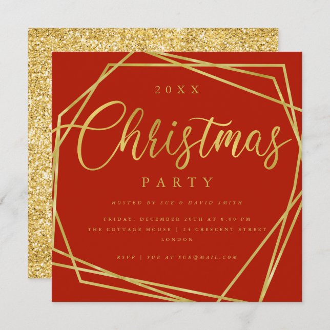 MODERN Script Gold Red Foil Frame Christmas Party Invitation (Front/Back)